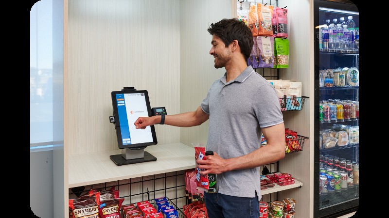 Self-checkout kiosk screen interface for workplace micro market