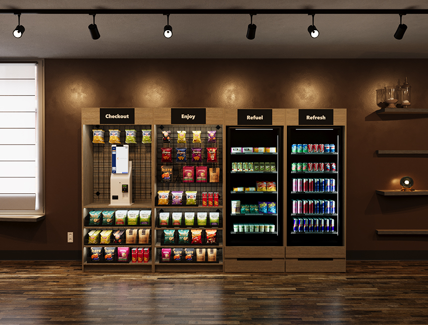 Automated vending station with sections for checkout, snacks, drinks, and refreshments in a modern indoor setting.